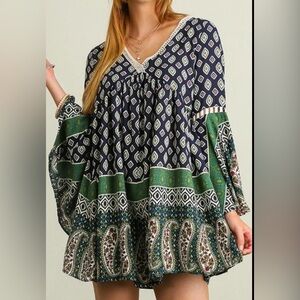 Umgee Navy and Green Patterned Mini Dress
